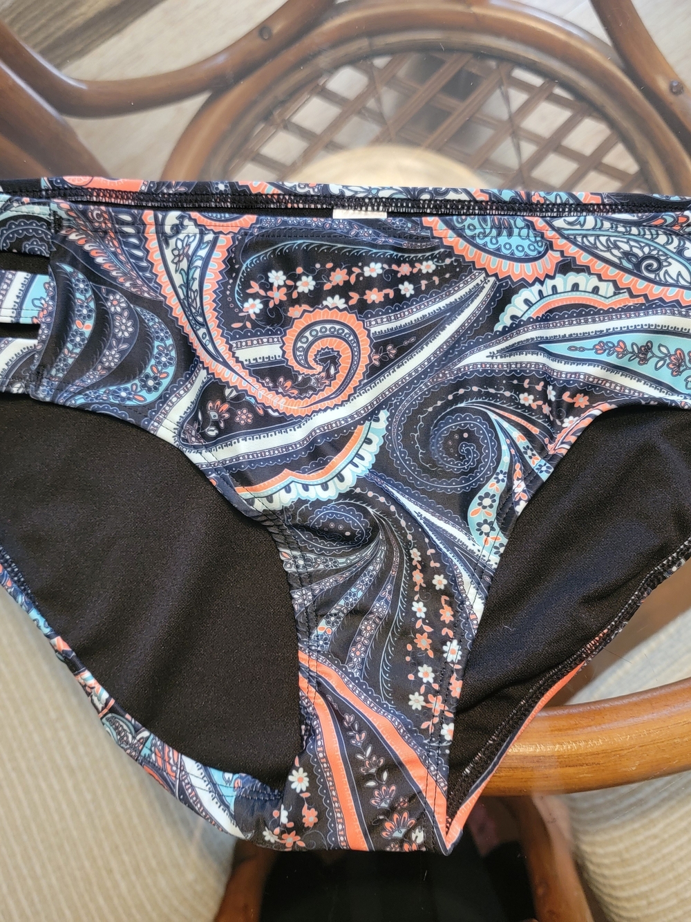 Paisley Print Bikini Bottom - Black with Coral & Teal Accents